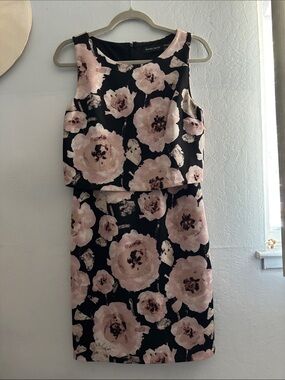 Ivanka Trump Black Midi Dress with Blush Pink Floral Print
